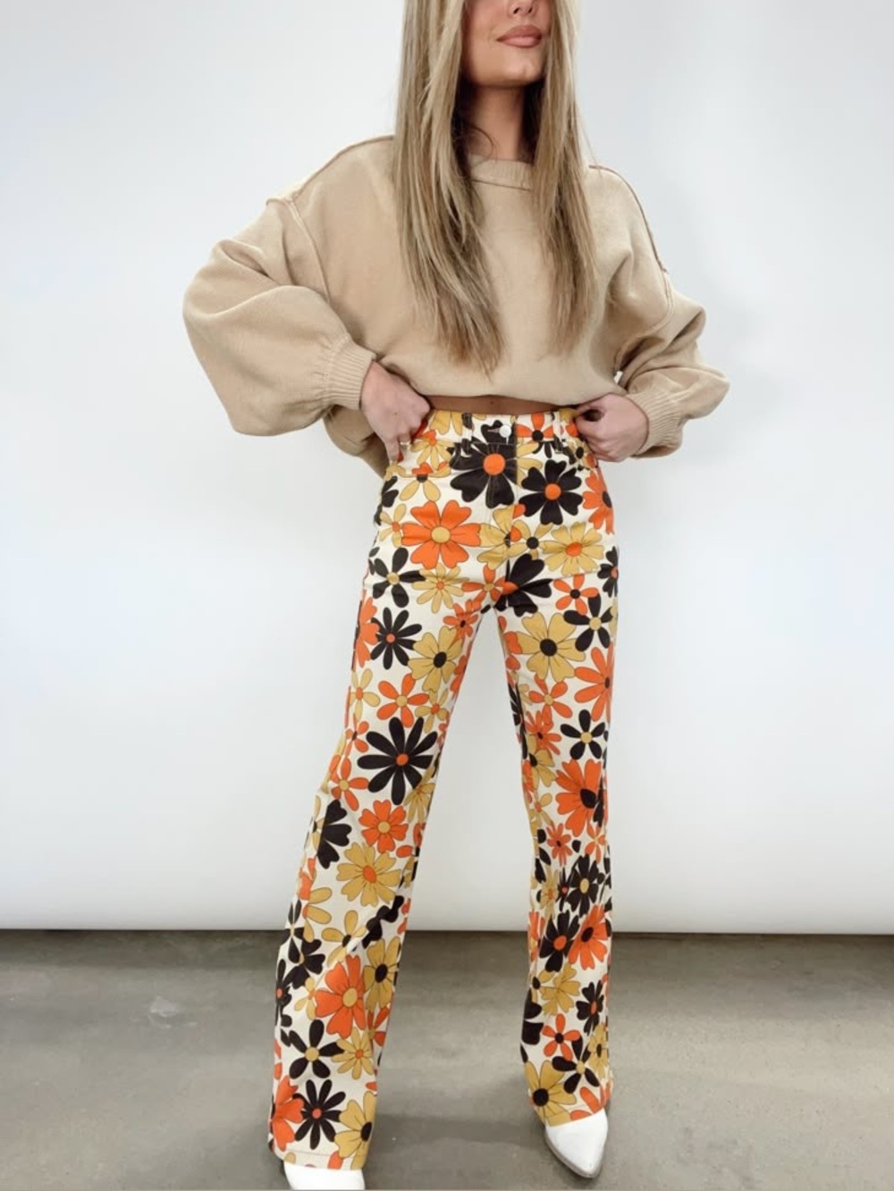Retro Floral Wide-Leg Jeans in Orange, Yellow & Black
